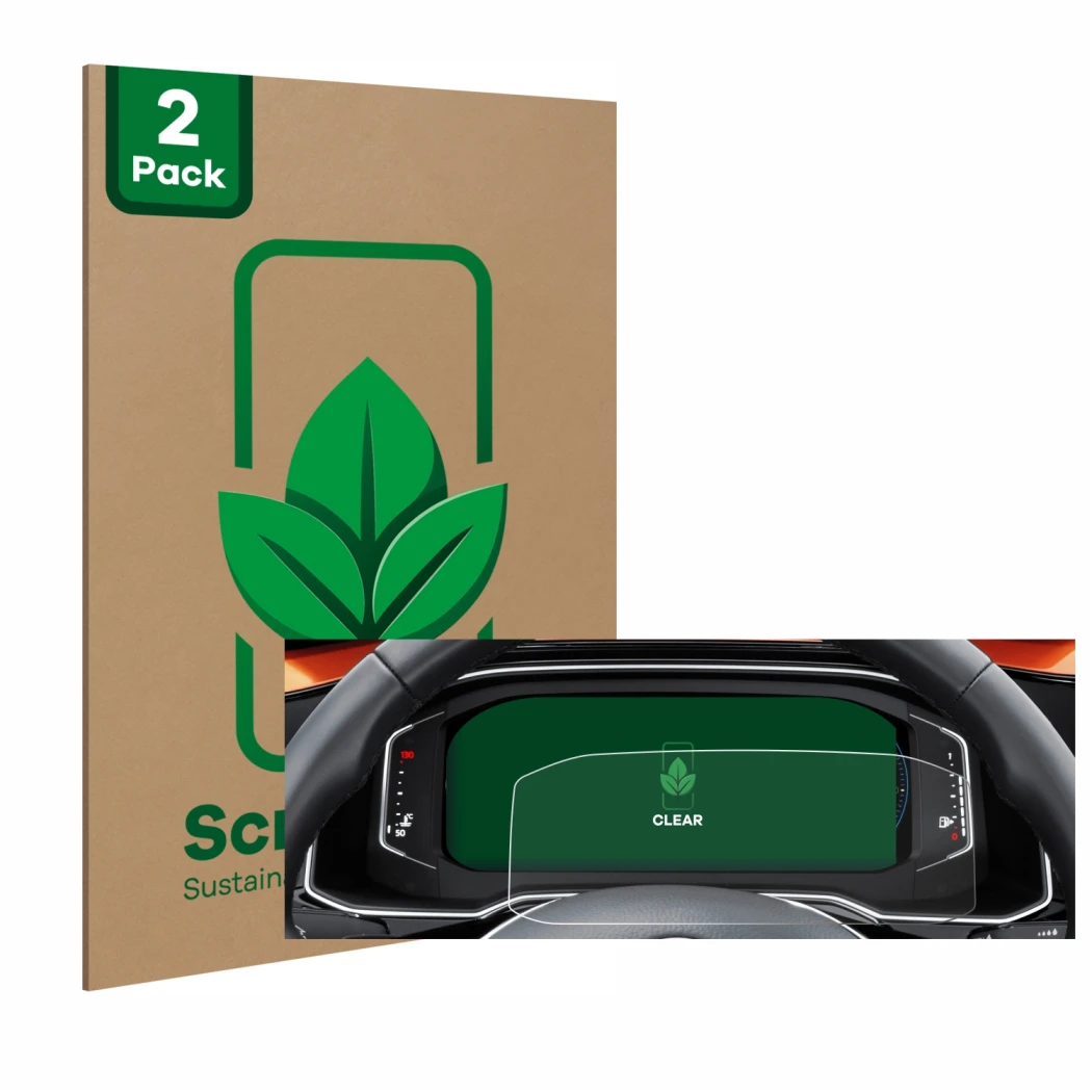 Face avant d’un emballage produit avec le logo de la marque ScreenLeaf. À côté, l’appareil Volkswagen Polo 6 Digital Cockpit P