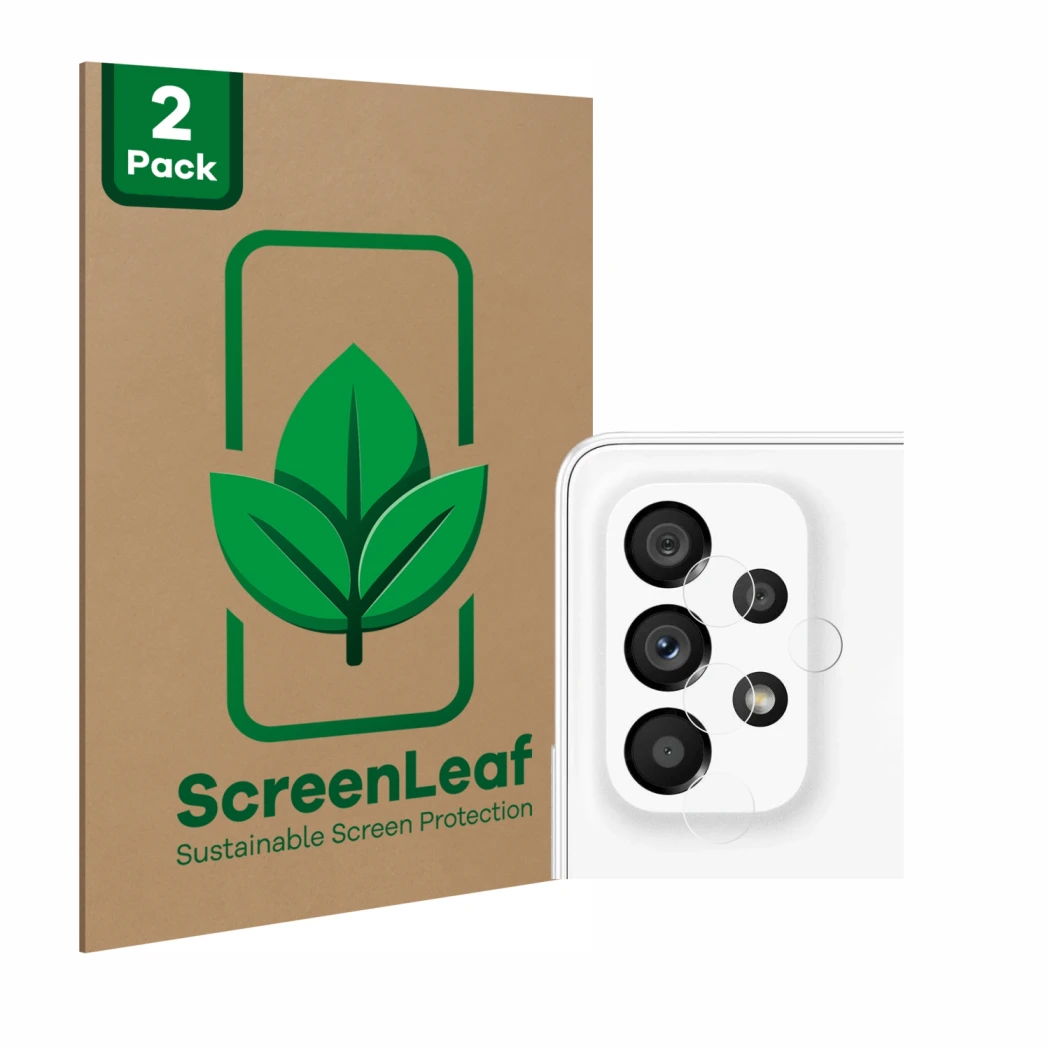 Face avant d’un emballage produit avec le logo de la marque ScreenLeaf. À côté, l’appareil Samsung Galaxy A53 5G (Caméra UNIQU