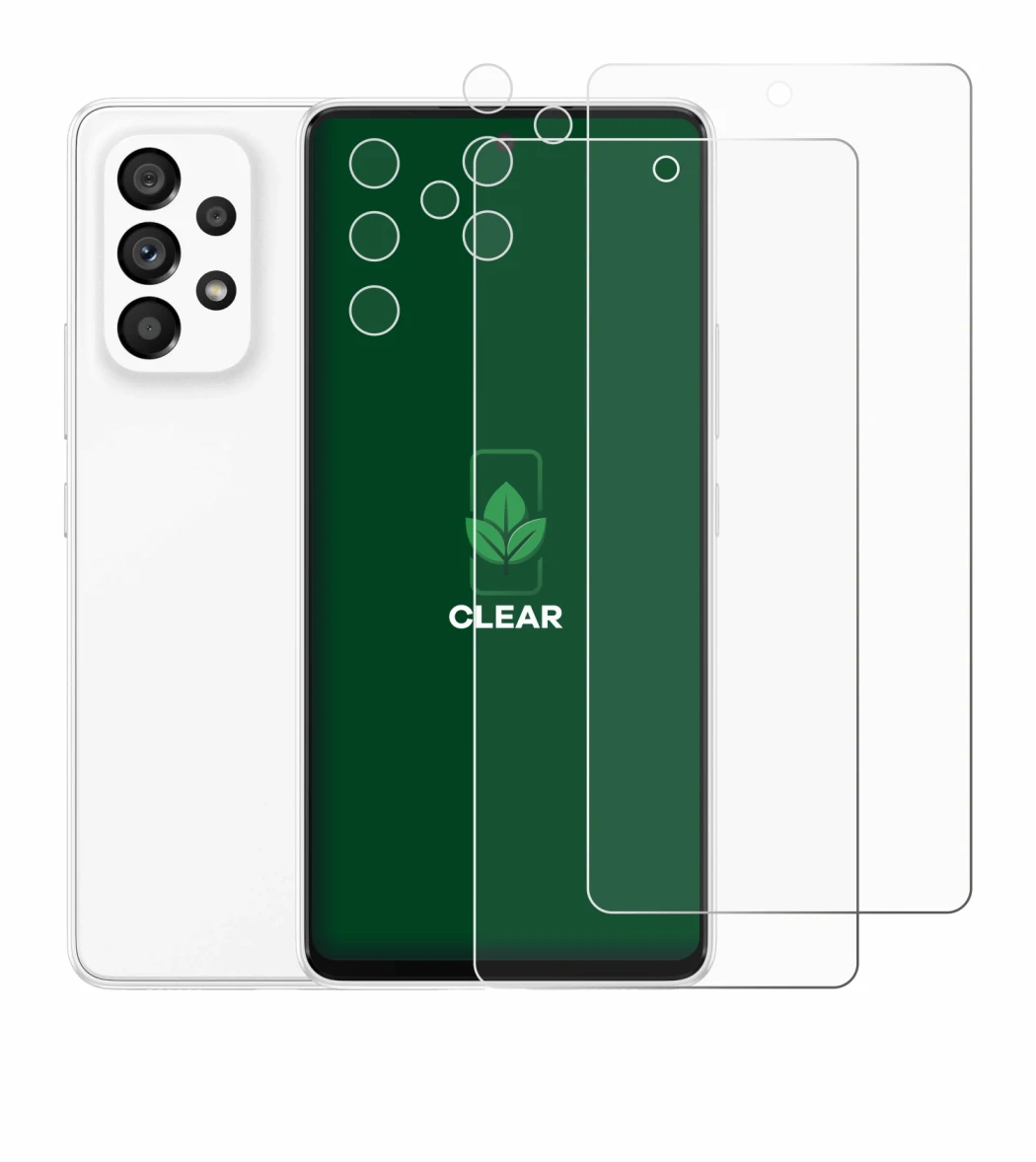 Image de l'appareil Samsung Galaxy A53 5G (Avant+Caméra) avec une grande variété de protections d'écran.