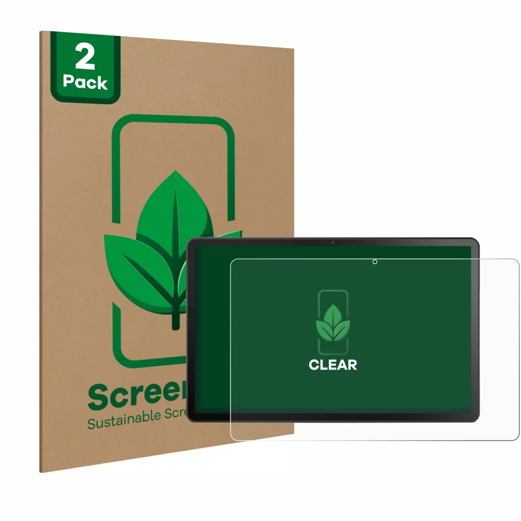 Face avant d’un emballage produit avec le logo de la marque ScreenLeaf. À côté, l’appareil Lenovo Tab M10 Plus (3ème Gen.) est