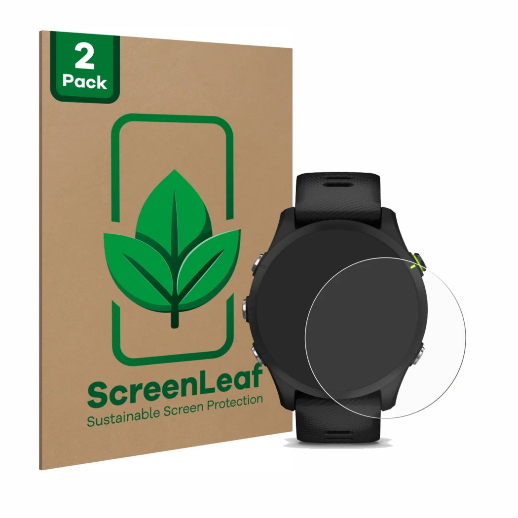 Face avant d’un emballage produit avec le logo de la marque ScreenLeaf. À côté, l’appareil Garmin Forerunner 255 Music est rep