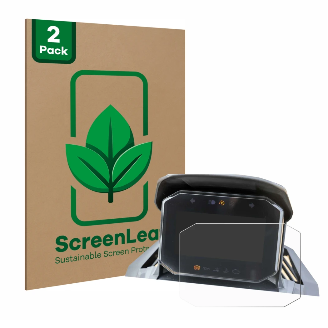 Face avant d’un emballage produit avec le logo de la marque ScreenLeaf. À côté, l’appareil Honda ADV350 4