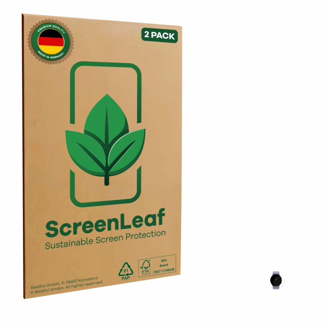 Face avant d’un emballage produit avec le logo de la marque ScreenLeaf. À côté, l’appareil Samsung Galaxy Watch 5 (40mm) est r