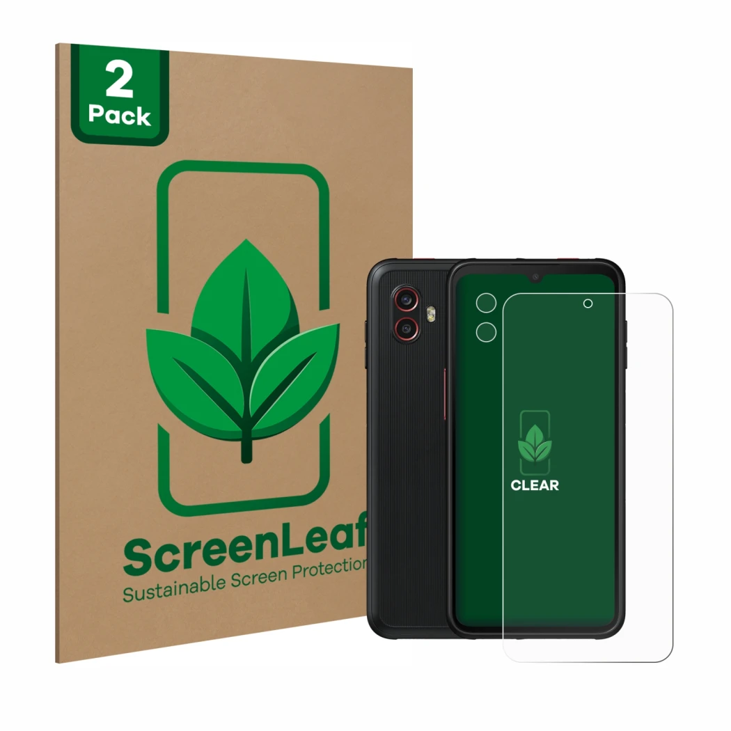 Face avant d’un emballage produit avec le logo de la marque ScreenLeaf. À côté, l’appareil Samsung Galaxy Xcover 6 Pro (Avant+