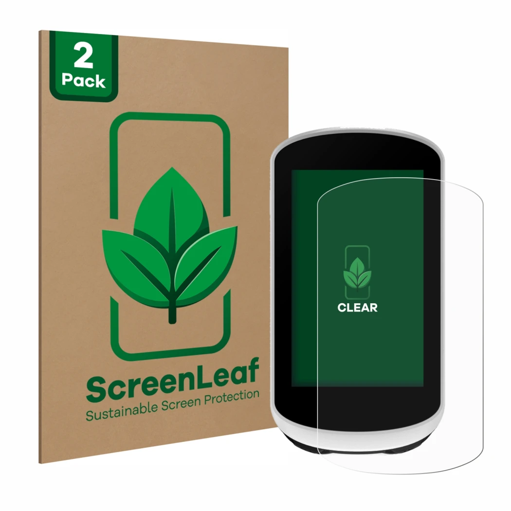 Face avant d’un emballage produit avec le logo de la marque ScreenLeaf. À côté, l’appareil Garmin Edge Explore 2 est représent
