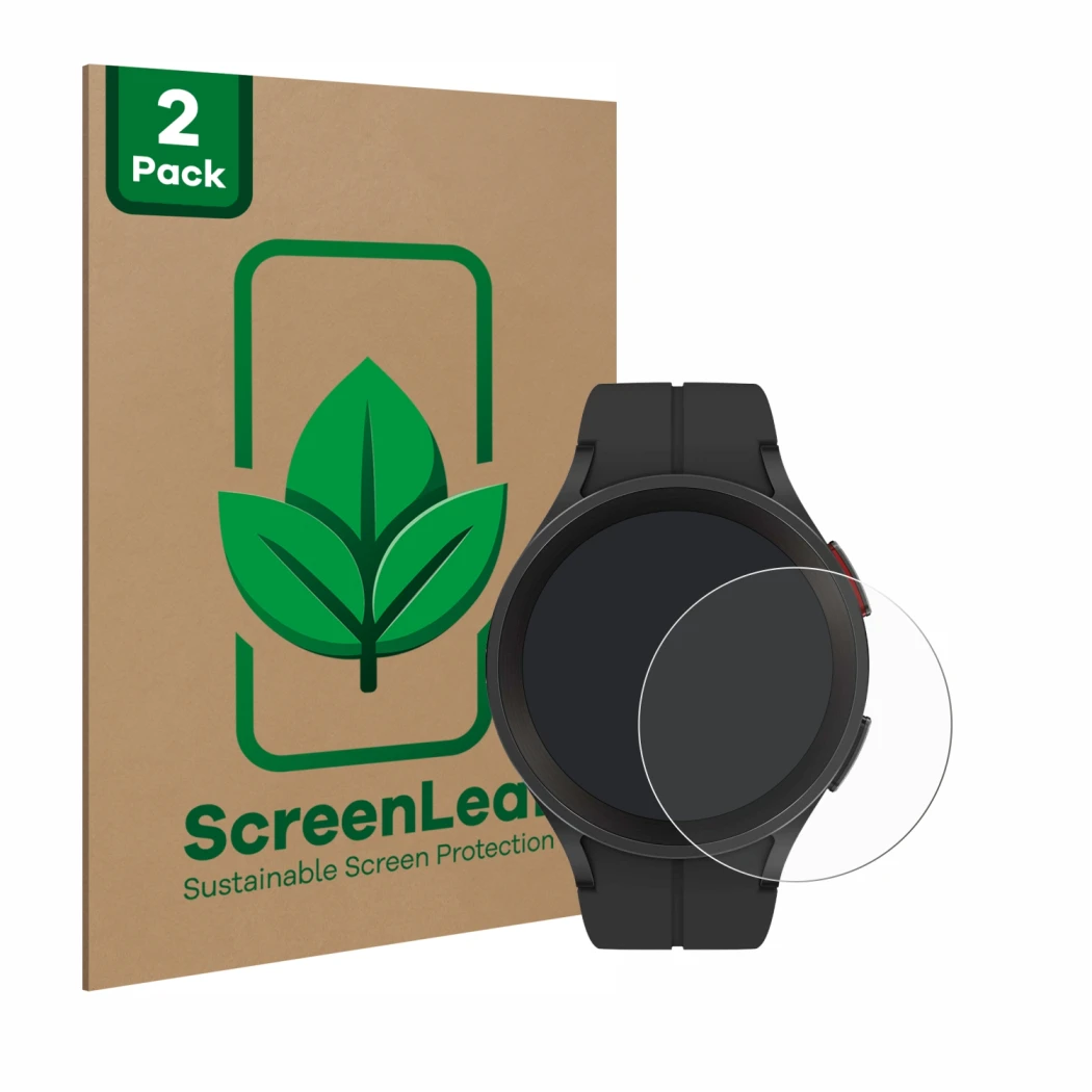 Face avant d’un emballage produit avec le logo de la marque ScreenLeaf. À côté, l’appareil Samsung Galaxy Watch 5 Pro est repr