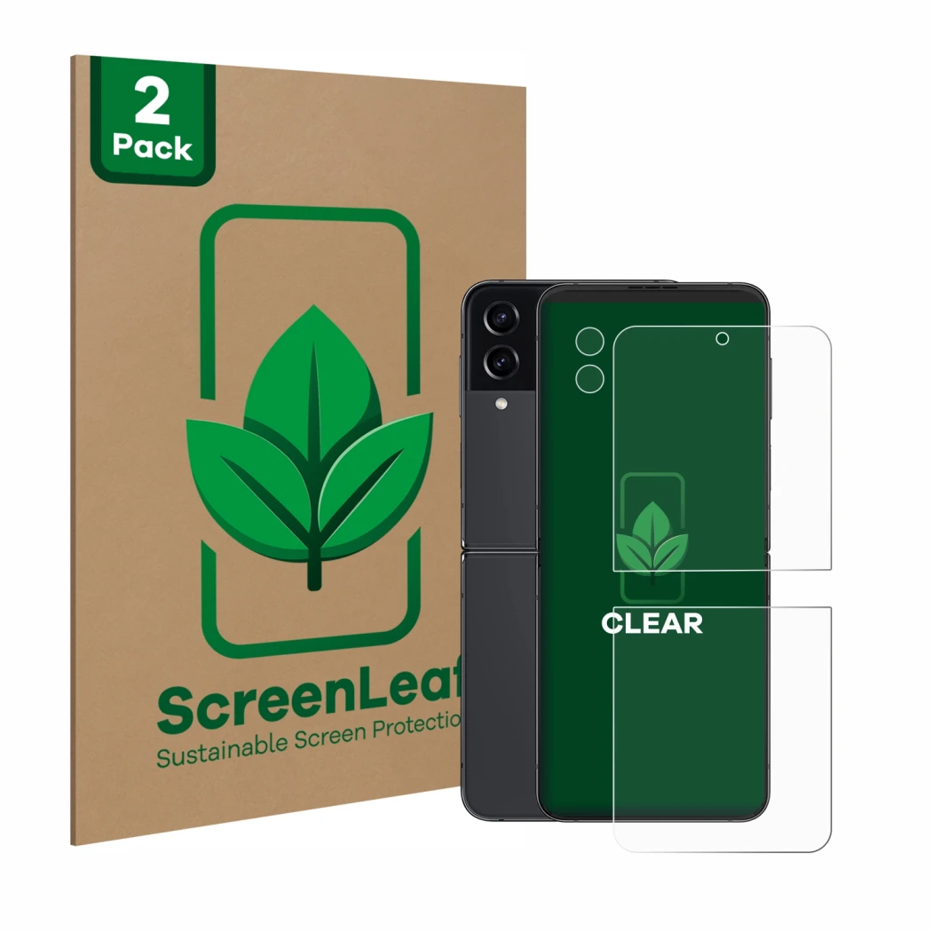 Face avant d’un emballage produit avec le logo de la marque ScreenLeaf. À côté, l’appareil Samsung Galaxy Z Flip 4 (Avant+Camé
