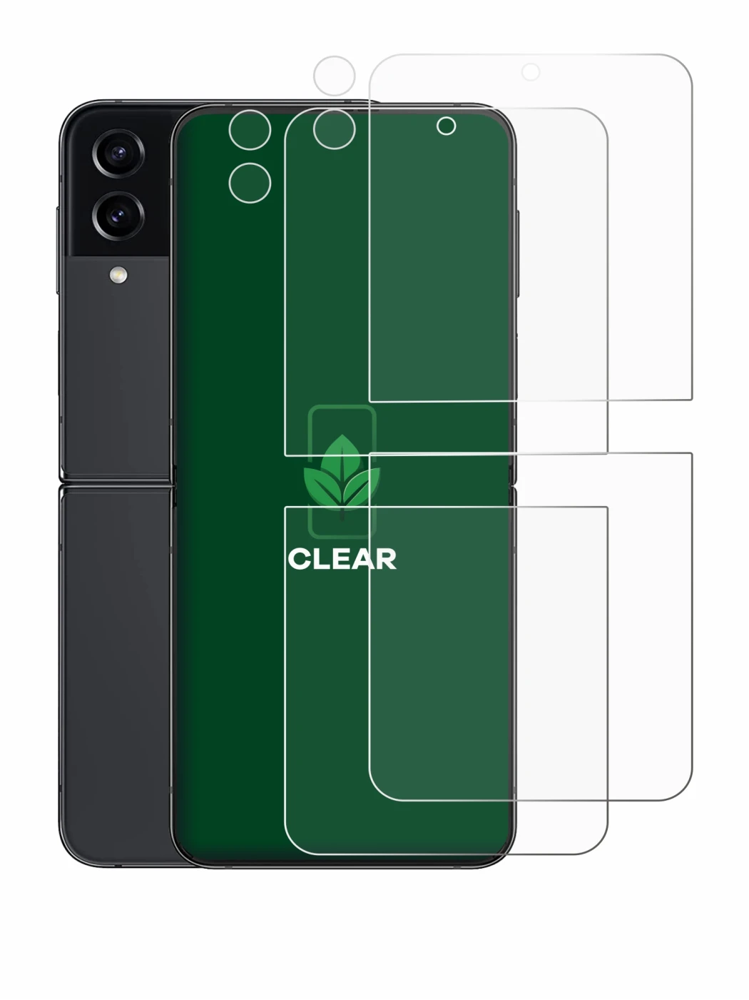 Image de l'appareil Samsung Galaxy Z Flip 4 (Avant+Caméra) avec une grande variété de protections d'écran.
