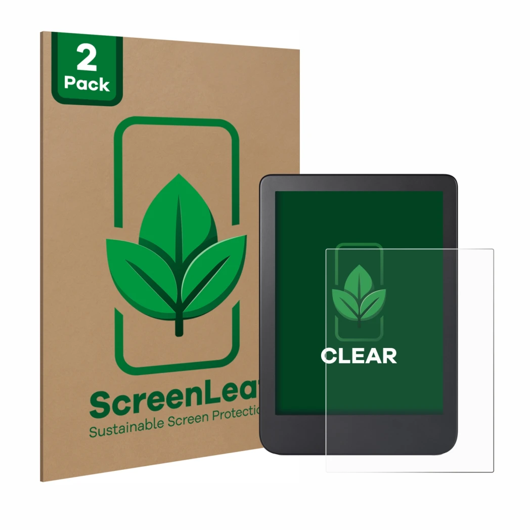 Face avant d’un emballage produit avec le logo de la marque ScreenLeaf. À côté, l’appareil Kobo Clara 2E est représenté avec l