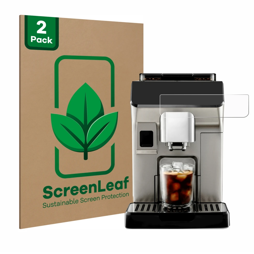 Face avant d’un emballage produit avec le logo de la marque ScreenLeaf. À côté, l’appareil DeLonghi Eletta Explore est représe