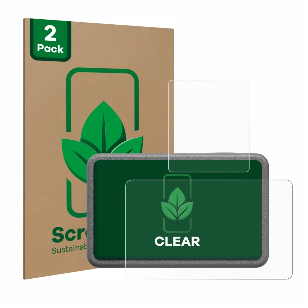 Face avant d’un emballage produit avec le logo de la marque ScreenLeaf. À côté, l’appareil DJI Osmo Action 3 est représenté av