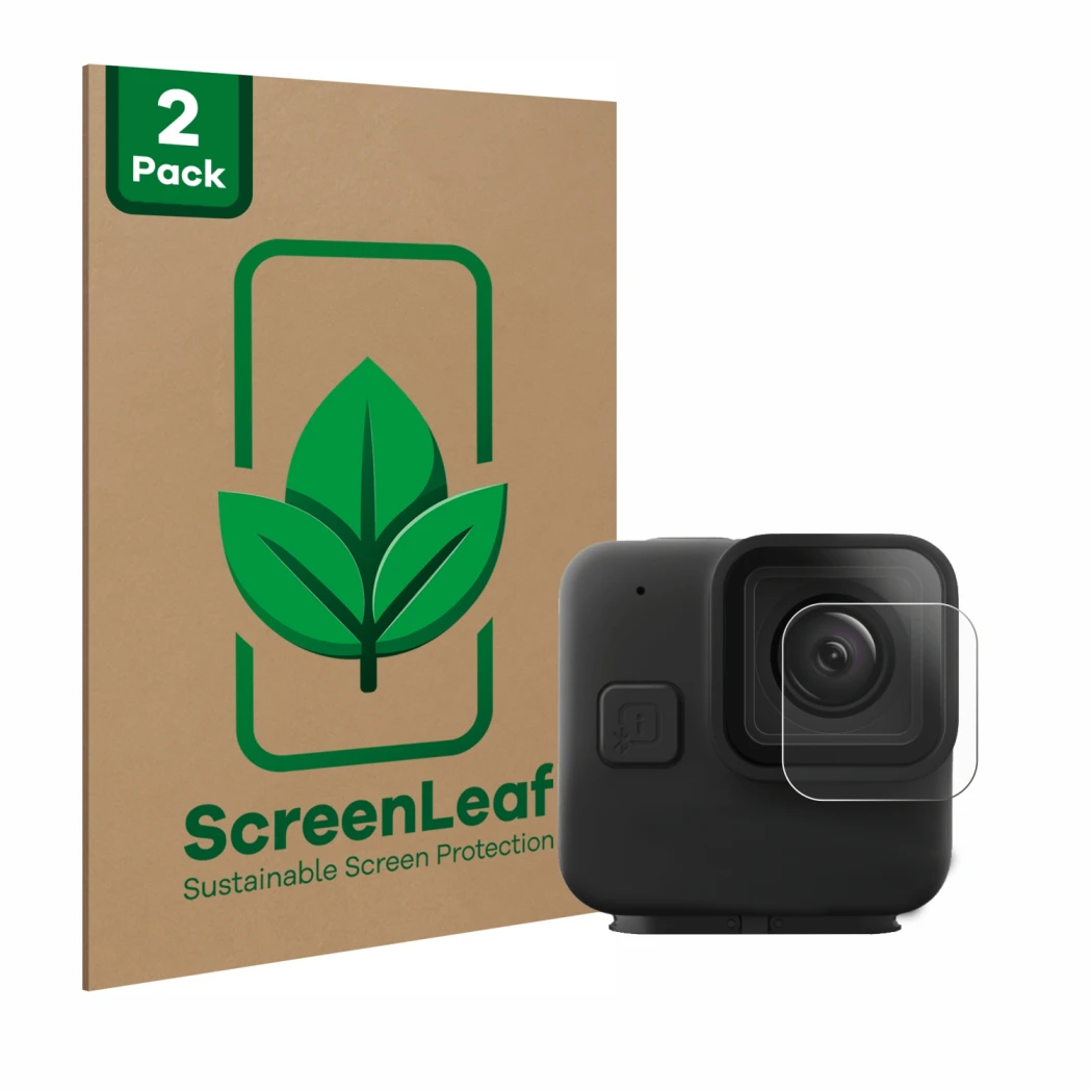 Face avant d’un emballage produit avec le logo de la marque ScreenLeaf. À côté, l’appareil GoPro Hero 11 mini Lentille (Caisse