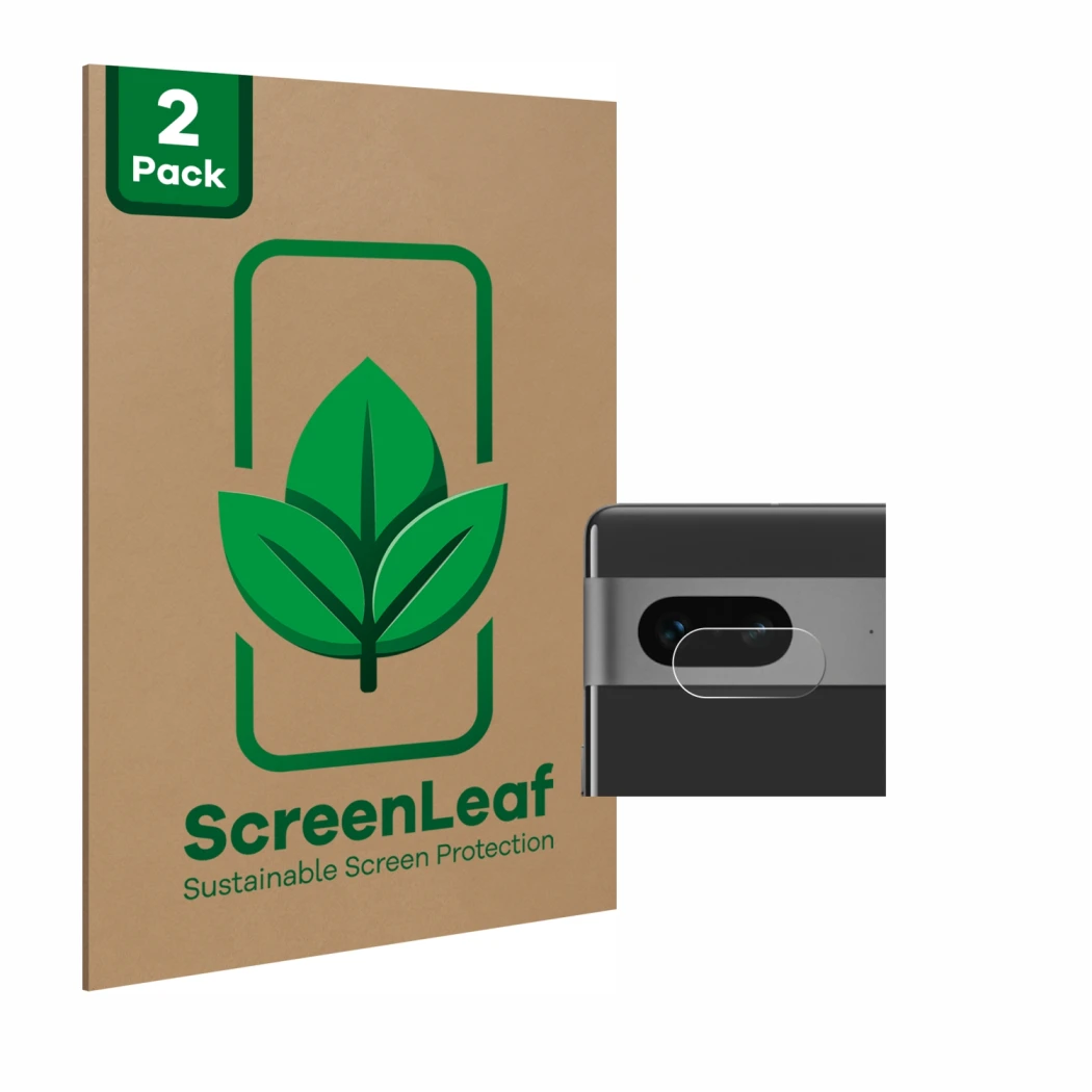 Face avant d’un emballage produit avec le logo de la marque ScreenLeaf. À côté, l’appareil Google Pixel 7 (Caméra UNIQUEMENT) 