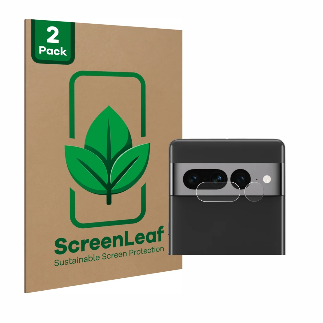 Face avant d’un emballage produit avec le logo de la marque ScreenLeaf. À côté, l’appareil Google Pixel 7 Pro (Caméra UNIQUEME