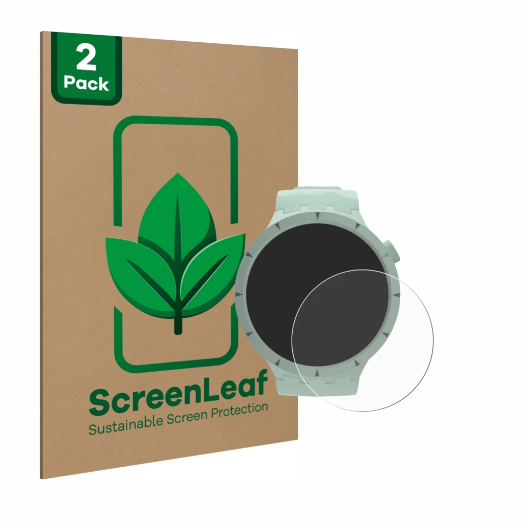 Face avant d’un emballage produit avec le logo de la marque ScreenLeaf. À côté, l’appareil Swatch Big Bold Bioceramic est repr