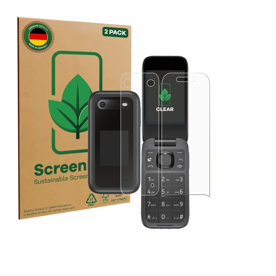 Face avant d’un emballage produit avec le logo de la marque ScreenLeaf. À côté, l’appareil Nokia 2660 Flip (Avant+Arrière) est
