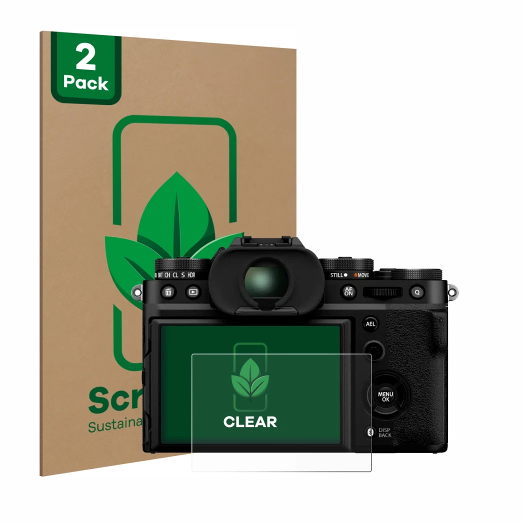 Face avant d’un emballage produit avec le logo de la marque ScreenLeaf. À côté, l’appareil Fujifilm X-T5 est représenté avec l