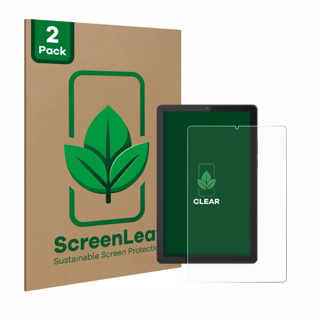 Face avant d’un emballage produit avec le logo de la marque ScreenLeaf. À côté, l’appareil Lenovo Tab M9 est représenté avec l