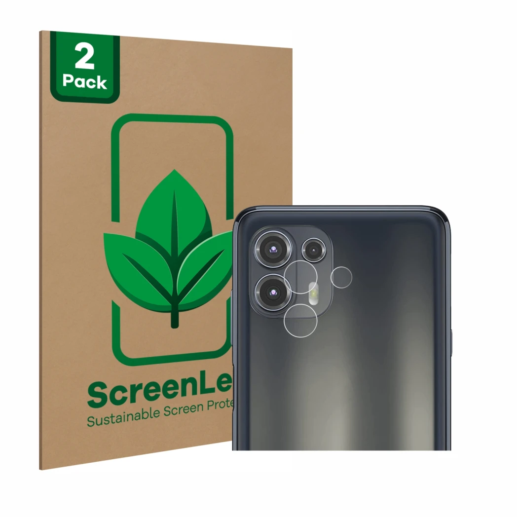 Face avant d’un emballage produit avec le logo de la marque ScreenLeaf. À côté, l’appareil Motorola Edge 20 Lite (Caméra UNIQU