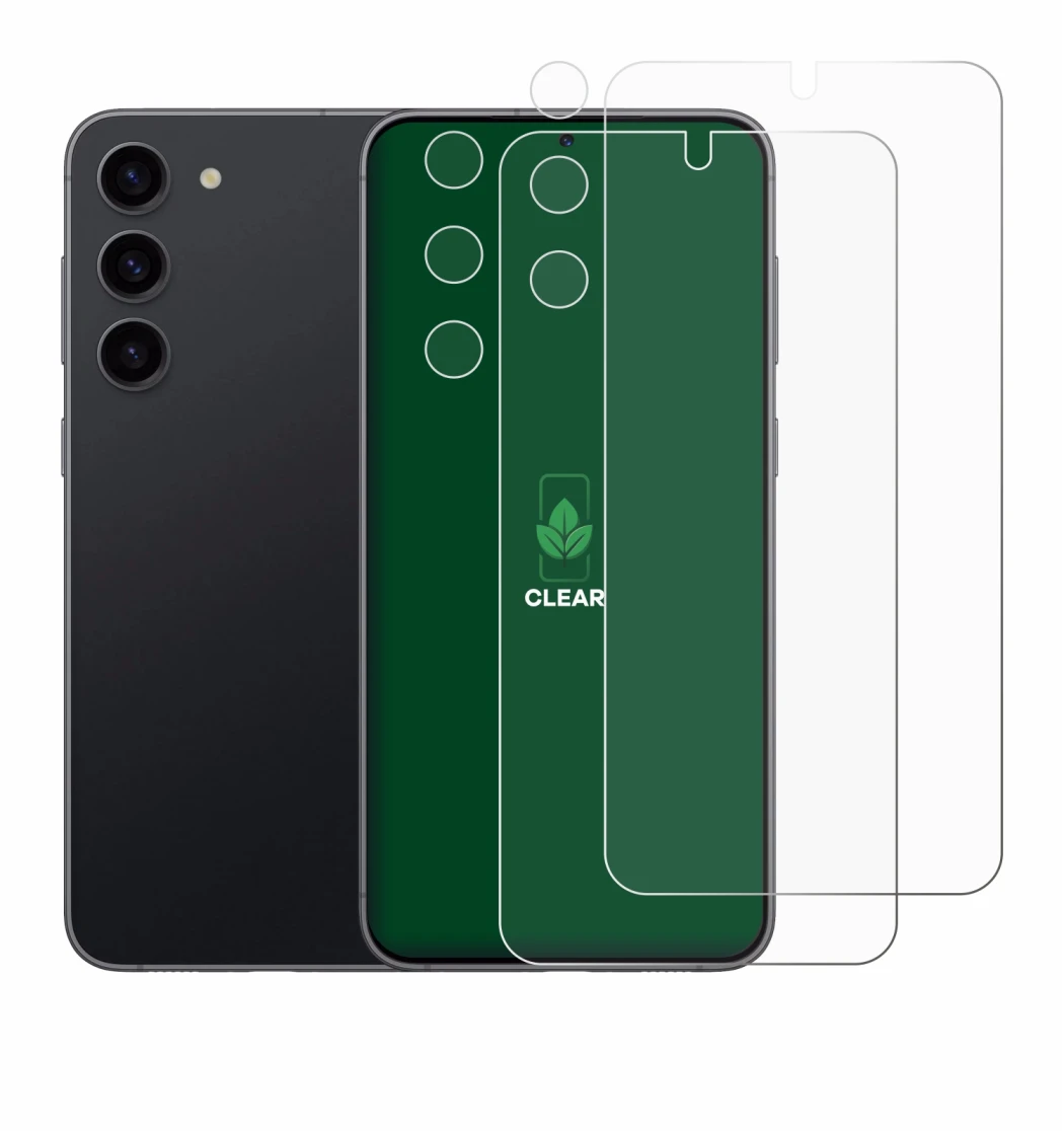 Image de l'appareil Samsung Galaxy S23 (Avant+Caméra) avec une grande variété de protections d'écran.