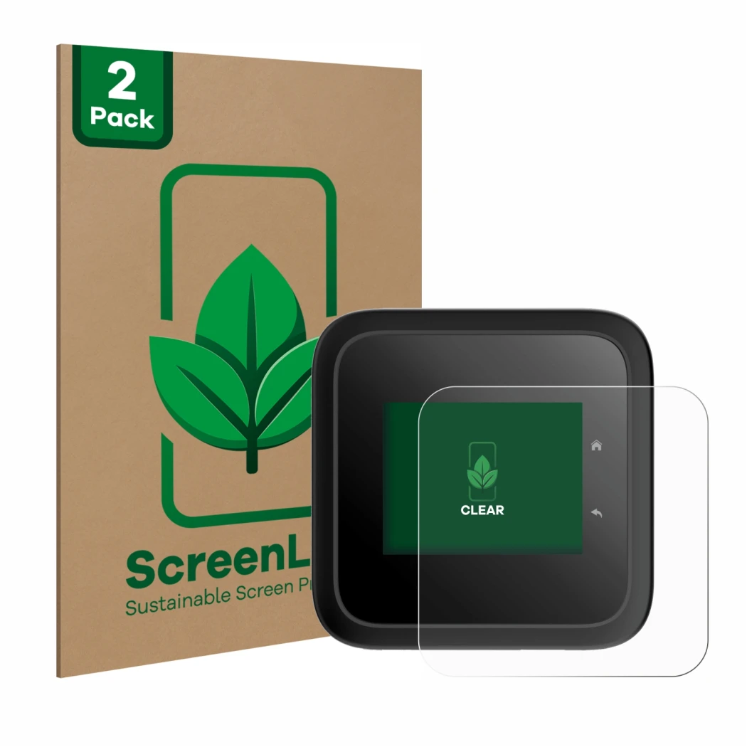 Face avant d’un emballage produit avec le logo de la marque ScreenLeaf. À côté, l’appareil Netgear Nighthawk M6 Pro est représ