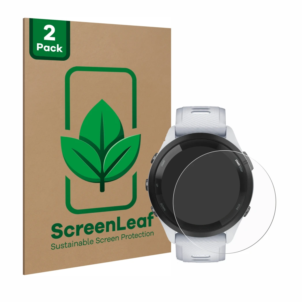 Face avant d’un emballage produit avec le logo de la marque ScreenLeaf. À côté, l’appareil Garmin Forerunner 265 (46 mm) est r