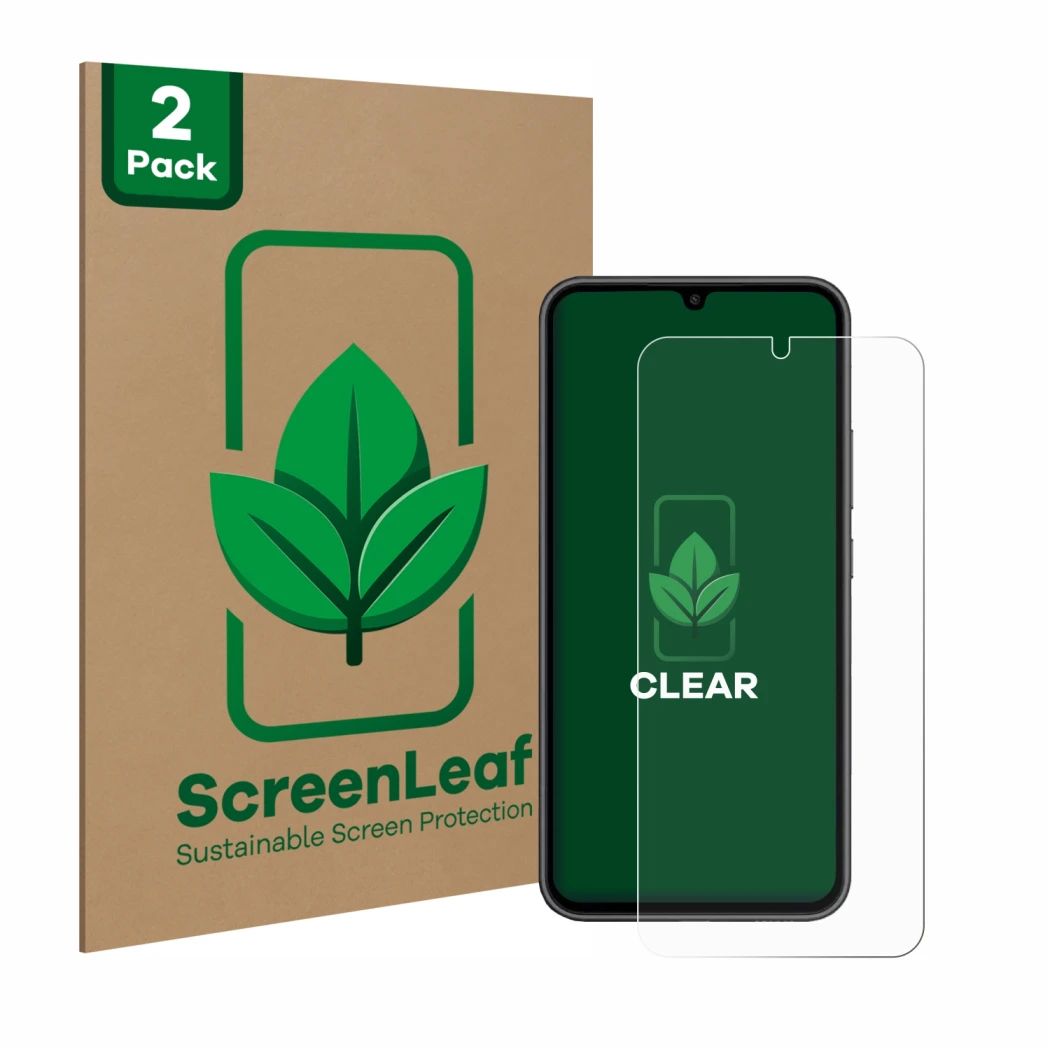 Face avant d’un emballage produit avec le logo de la marque ScreenLeaf. À côté, l’appareil Samsung Galaxy A34 5G est représent