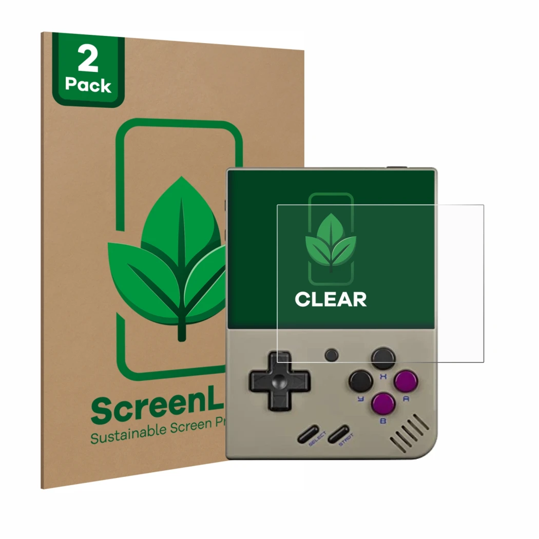 Face avant d’un emballage produit avec le logo de la marque ScreenLeaf. À côté, l’appareil Miyoo Mini Plus est représenté avec