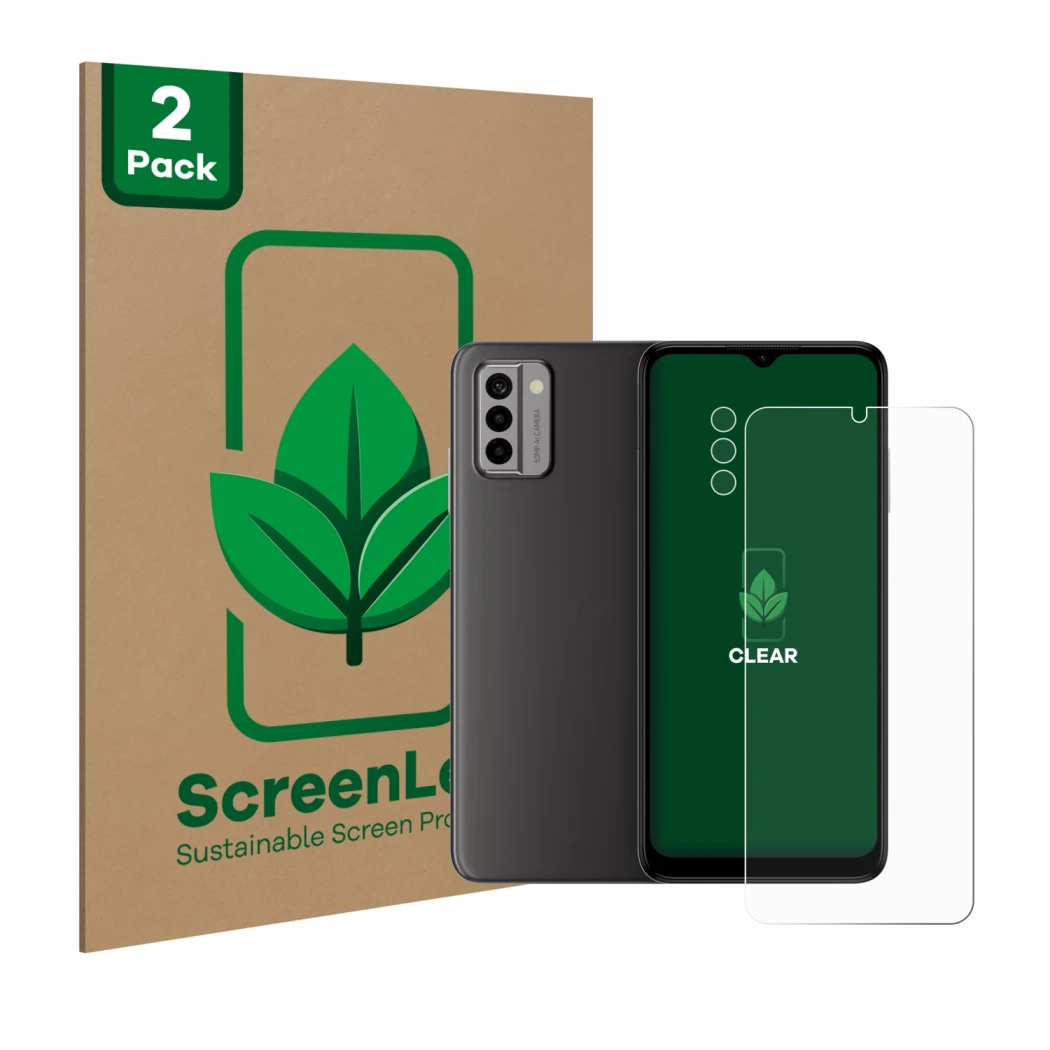 Face avant d’un emballage produit avec le logo de la marque ScreenLeaf. À côté, l’appareil Nokia G22 (Avant+Caméra) est représ