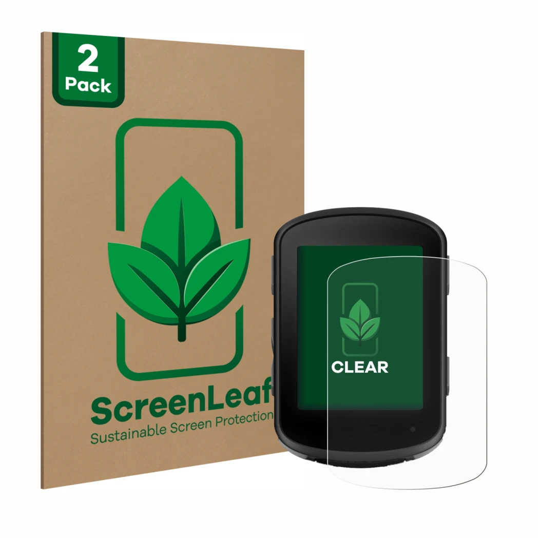 Face avant d’un emballage produit avec le logo de la marque ScreenLeaf. À côté, l’appareil Garmin Edge 840 est représenté avec