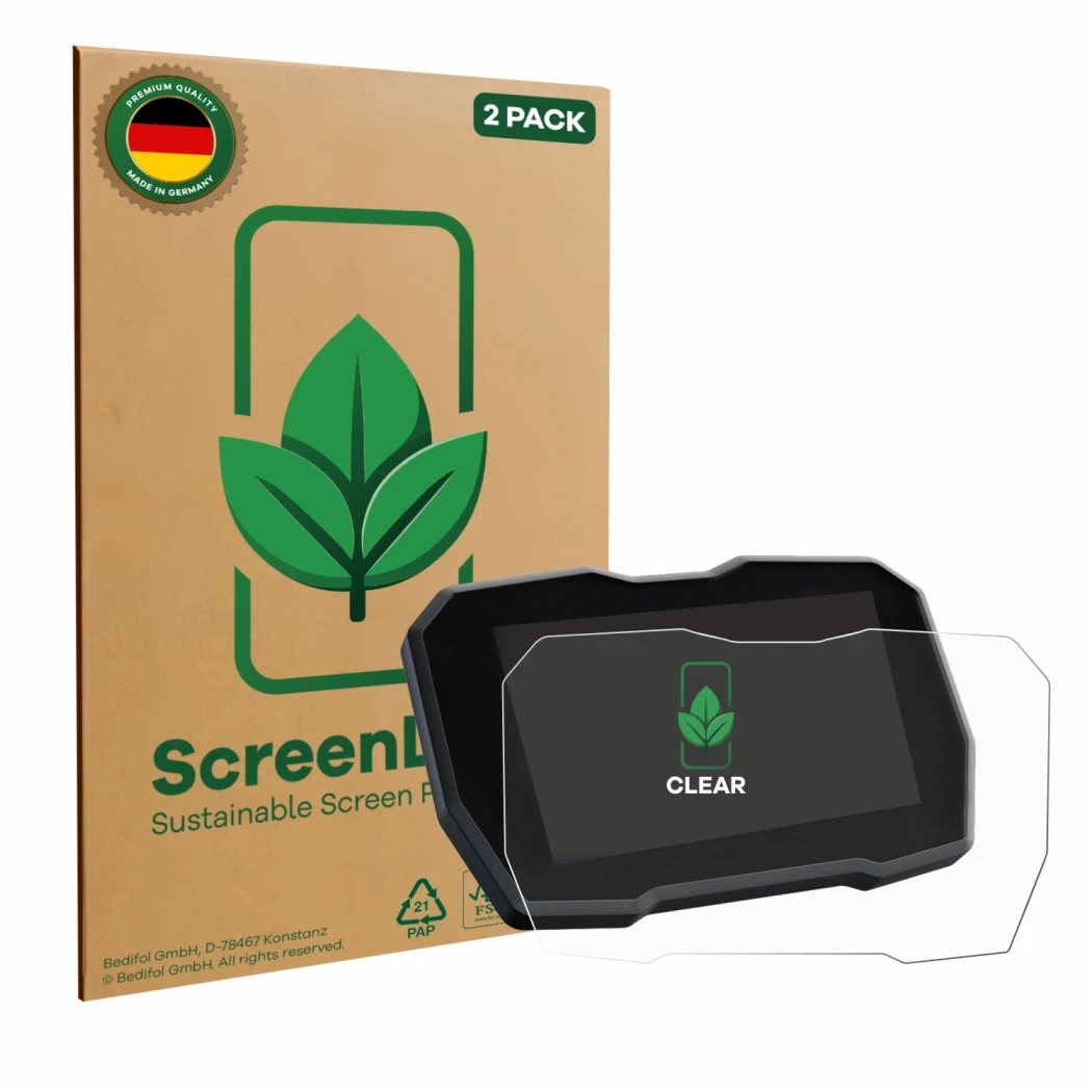 Face avant d’un emballage produit avec le logo de la marque ScreenLeaf. À côté, l’appareil Ducati Multistrada V4 2021+ est rep