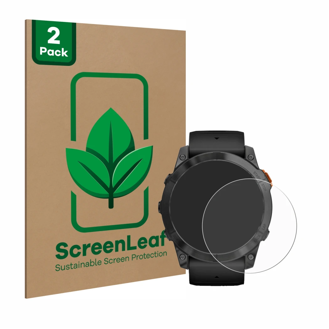 Face avant d’un emballage produit avec le logo de la marque ScreenLeaf. À côté, l’appareil Garmin Fenix 7X Pro Solar (51 mm) e