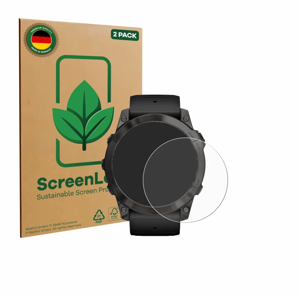Face avant d’un emballage produit avec le logo de la marque ScreenLeaf. À côté, l’appareil Garmin Epix Pro (Gen 2) (51 mm) est