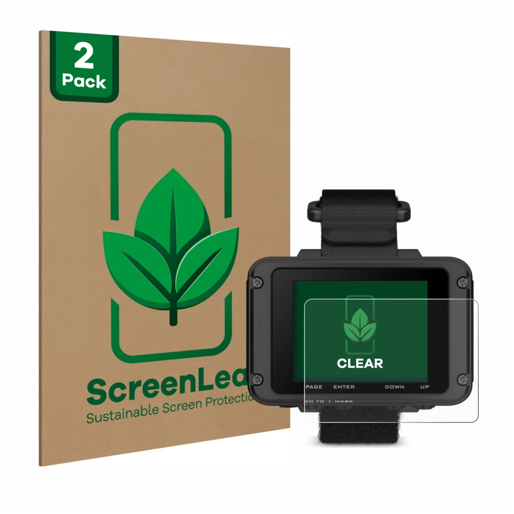 Face avant d’un emballage produit avec le logo de la marque ScreenLeaf. À côté, l’appareil Garmin Foretrex 801 est représenté 