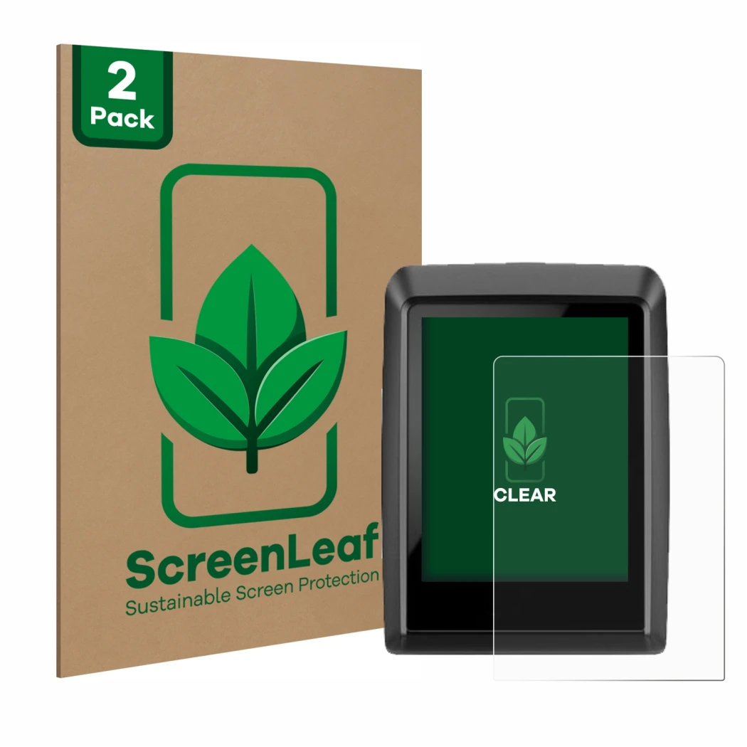 Face avant d’un emballage produit avec le logo de la marque ScreenLeaf. À côté, l’appareil Bosch Kiox 500 est représenté avec 