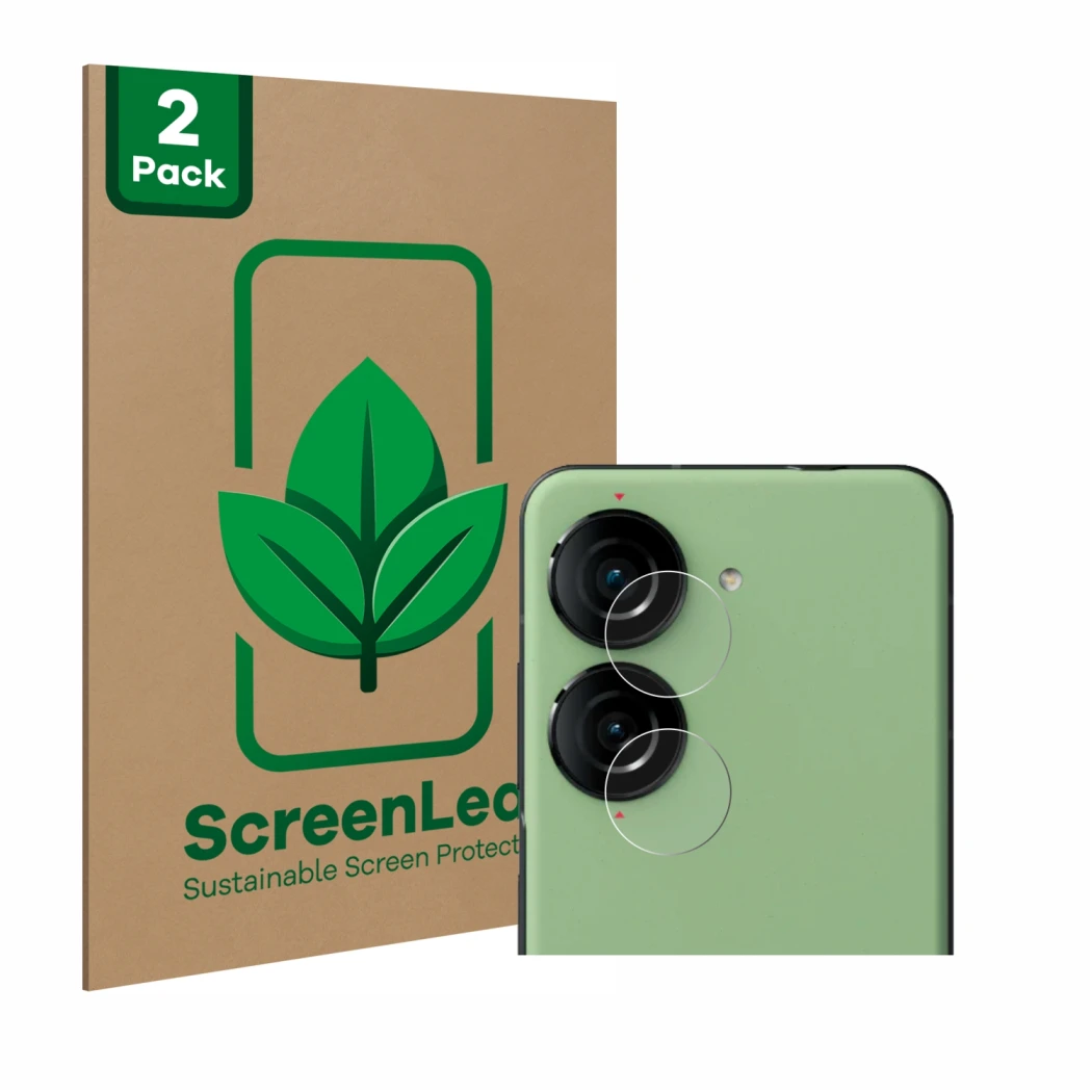 Face avant d’un emballage produit avec le logo de la marque ScreenLeaf. À côté, l’appareil ASUS ZenFone 10 (Caméra UNIQUEMENT)