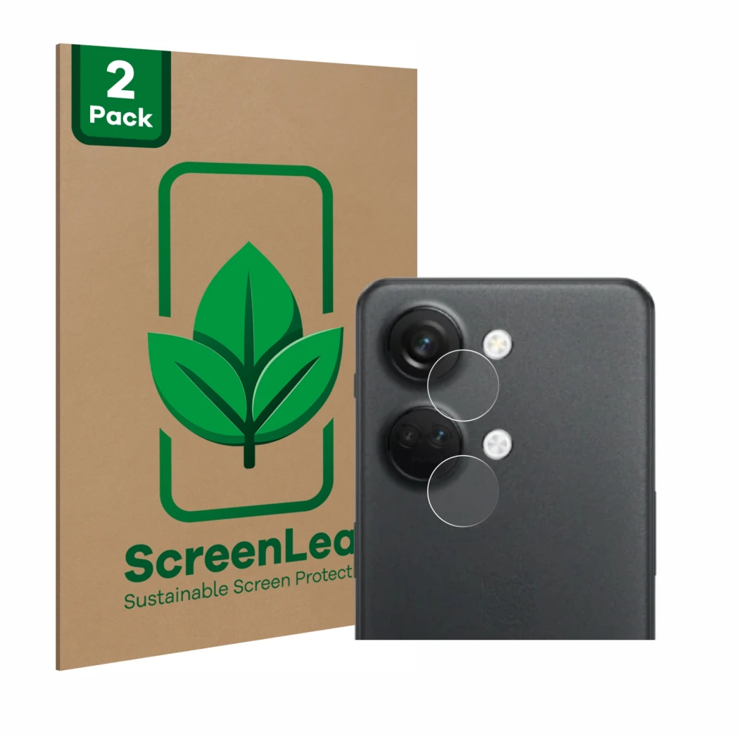 Face avant d’un emballage produit avec le logo de la marque ScreenLeaf. À côté, l’appareil OnePlus Nord 3 5G (Caméra UNIQUEMEN