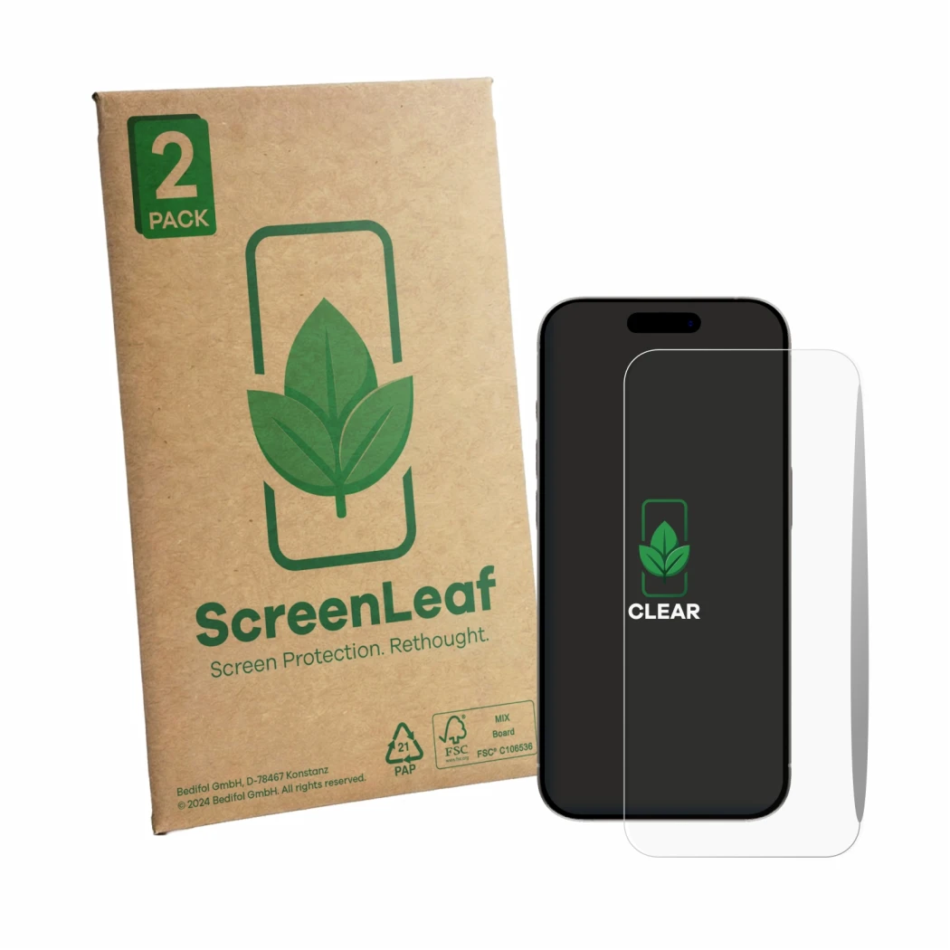 Face avant d’un emballage produit avec le logo de la marque ScreenLeaf. À côté, l’appareil Apple iPhone 15 est représenté avec