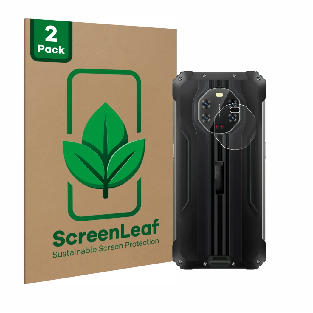 Face avant d’un emballage produit avec le logo de la marque ScreenLeaf. À côté, l’appareil Blackview BL8800 5G (Caméra UNIQUEM