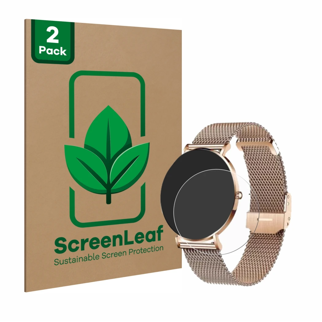 Face avant d’un emballage produit avec le logo de la marque ScreenLeaf. À côté, l’appareil Xcoast X-Watch Siona 2 est représen
