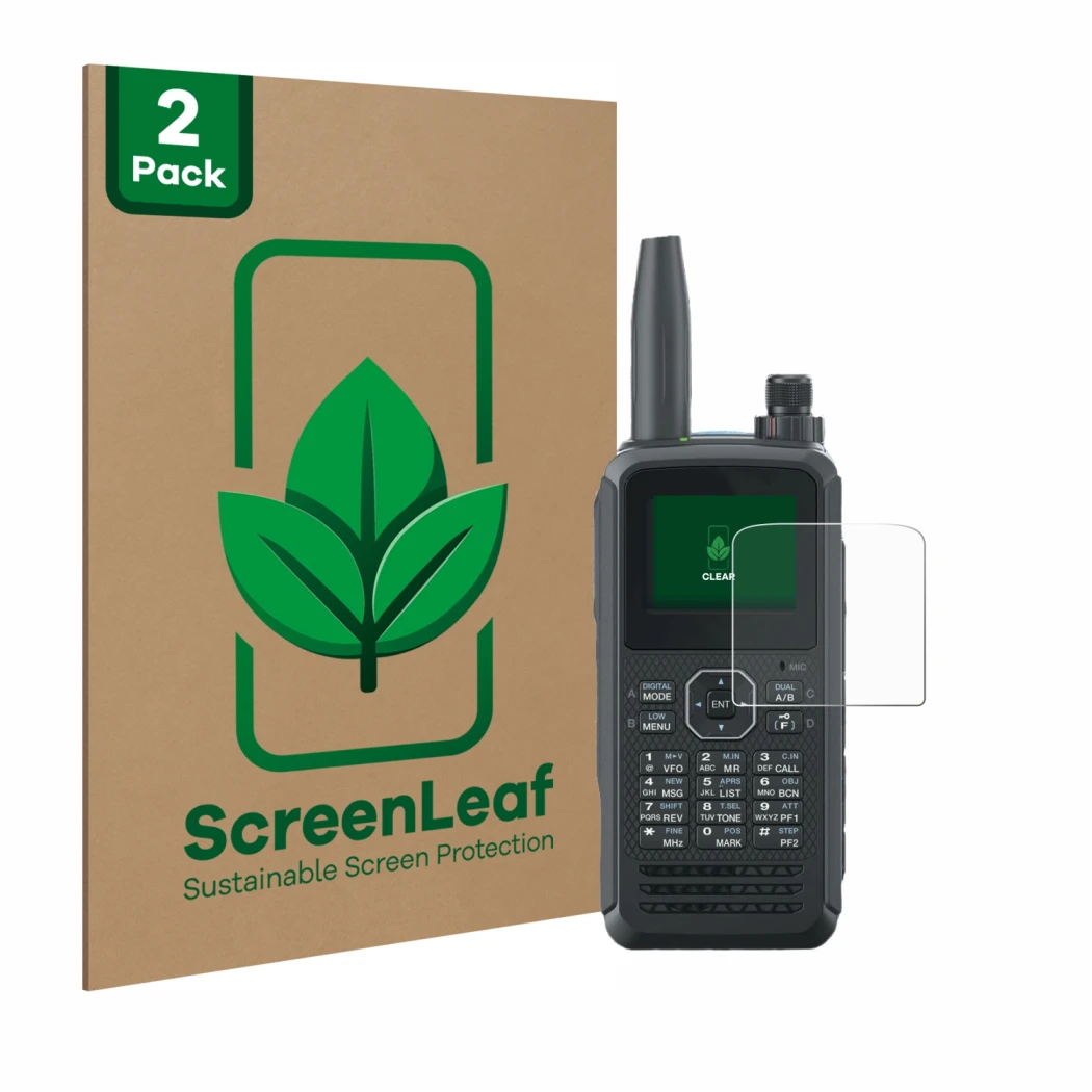 Face avant d’un emballage produit avec le logo de la marque ScreenLeaf. À côté, l’appareil Kenwood TH-D75E D-Star est représen