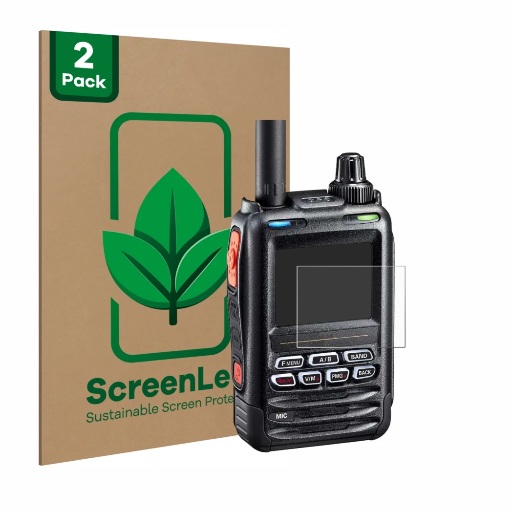 Face avant d’un emballage produit avec le logo de la marque ScreenLeaf. À côté, l’appareil Yaesu FT-5DE/DR est représenté avec