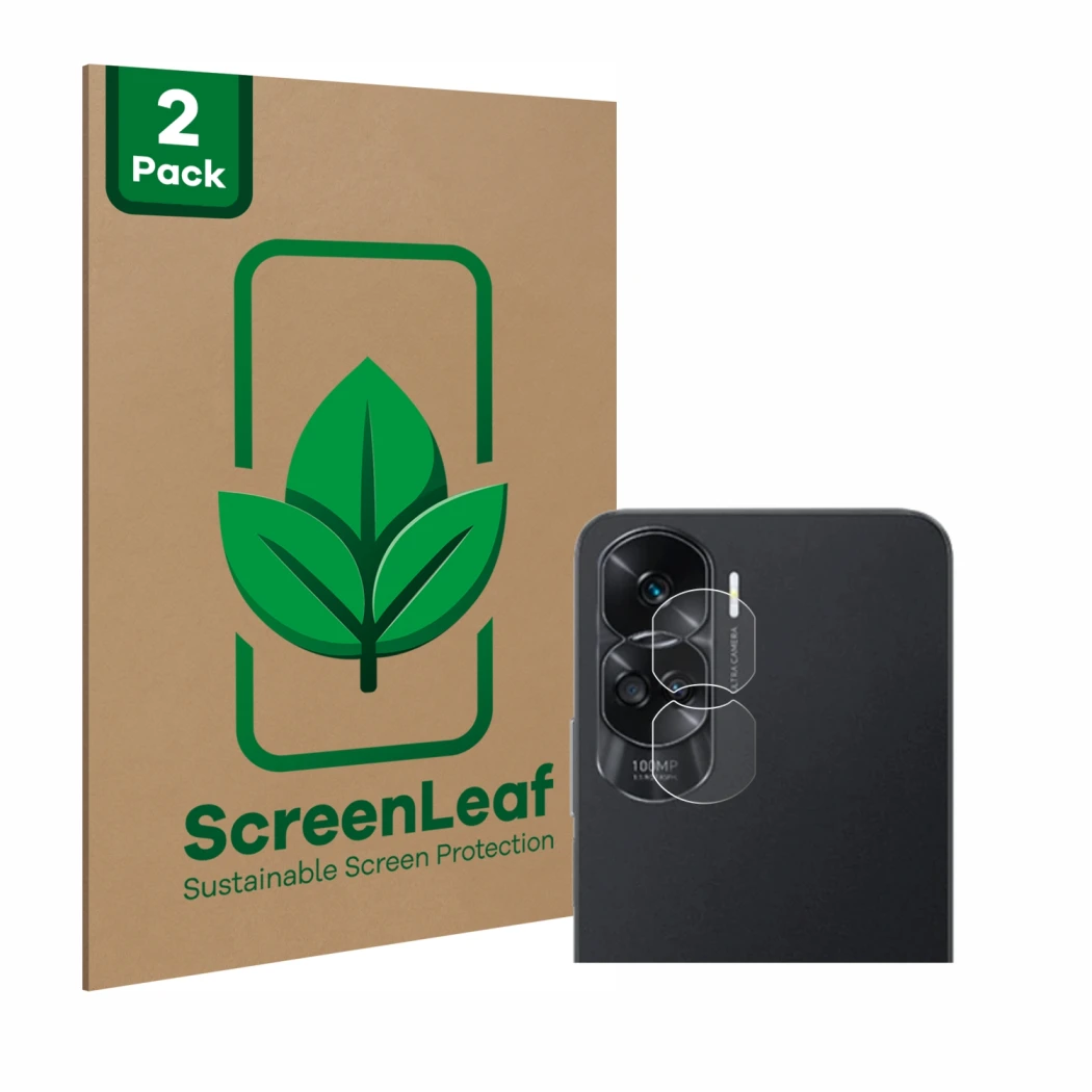 Face avant d’un emballage produit avec le logo de la marque ScreenLeaf. À côté, l’appareil Honor 90 Lite (Caméra UNIQUEMENT) e