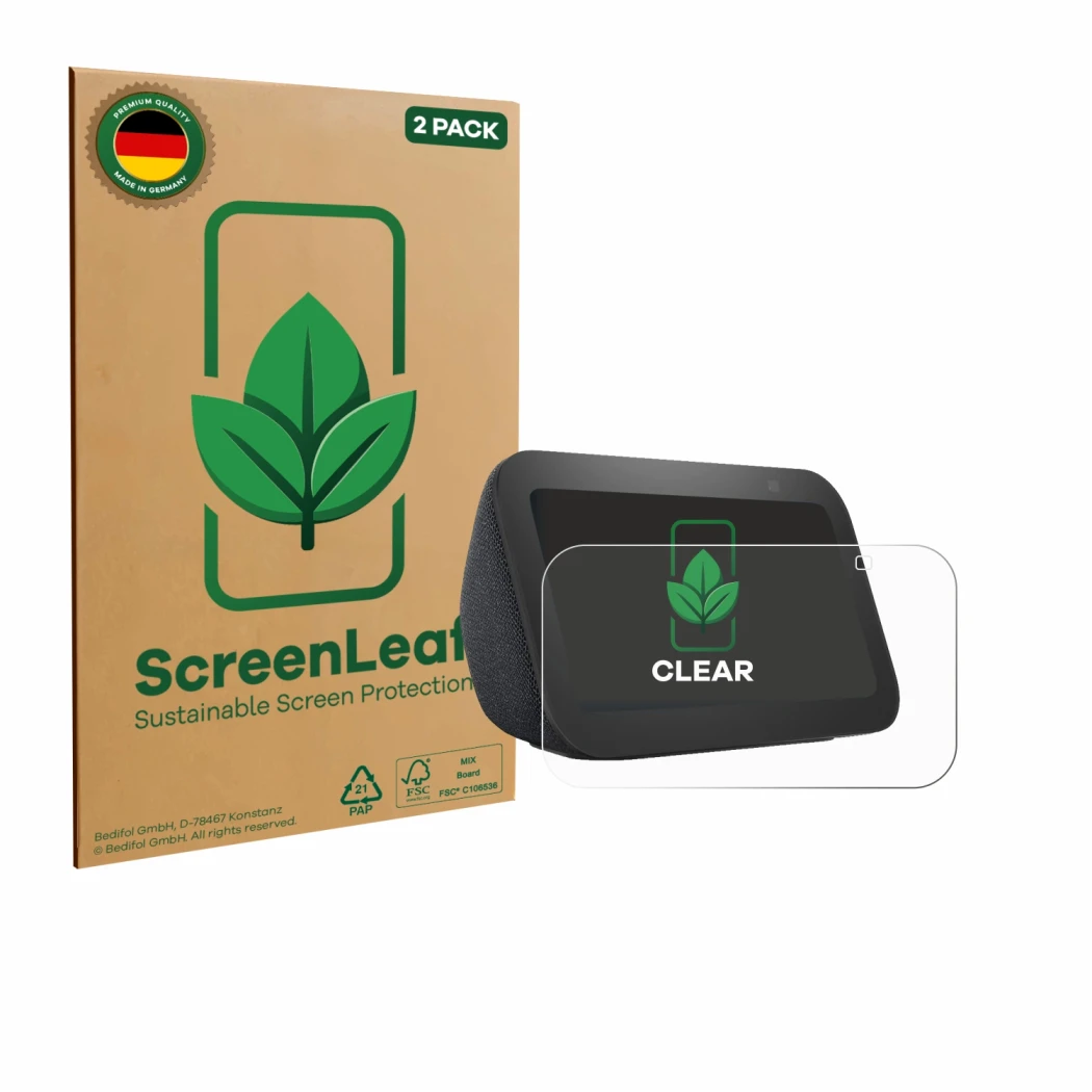 Face avant d’un emballage produit avec le logo de la marque ScreenLeaf. À côté, l’appareil Amazon Echo Show 5 (3ème Gen.) est 