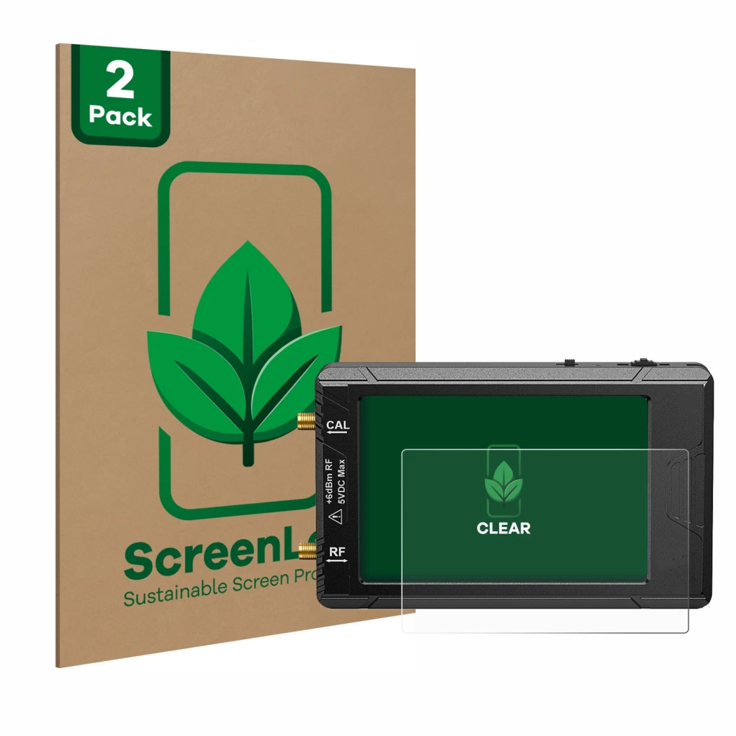Face avant d’un emballage produit avec le logo de la marque ScreenLeaf. À côté, l’appareil tinySA ultra spectrum analyser est 