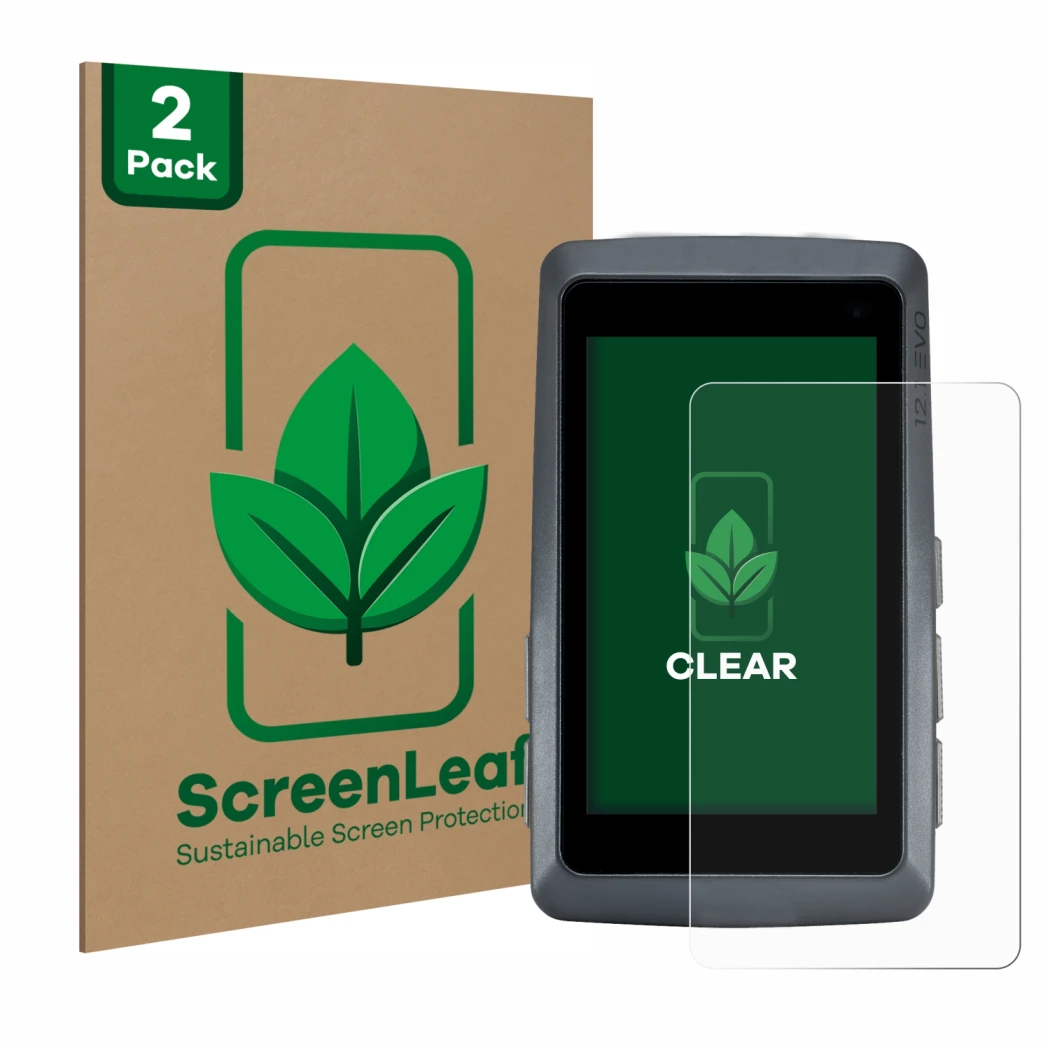Face avant d’un emballage produit avec le logo de la marque ScreenLeaf. À côté, l’appareil Sigma ROX 12.1 EVO est représenté a