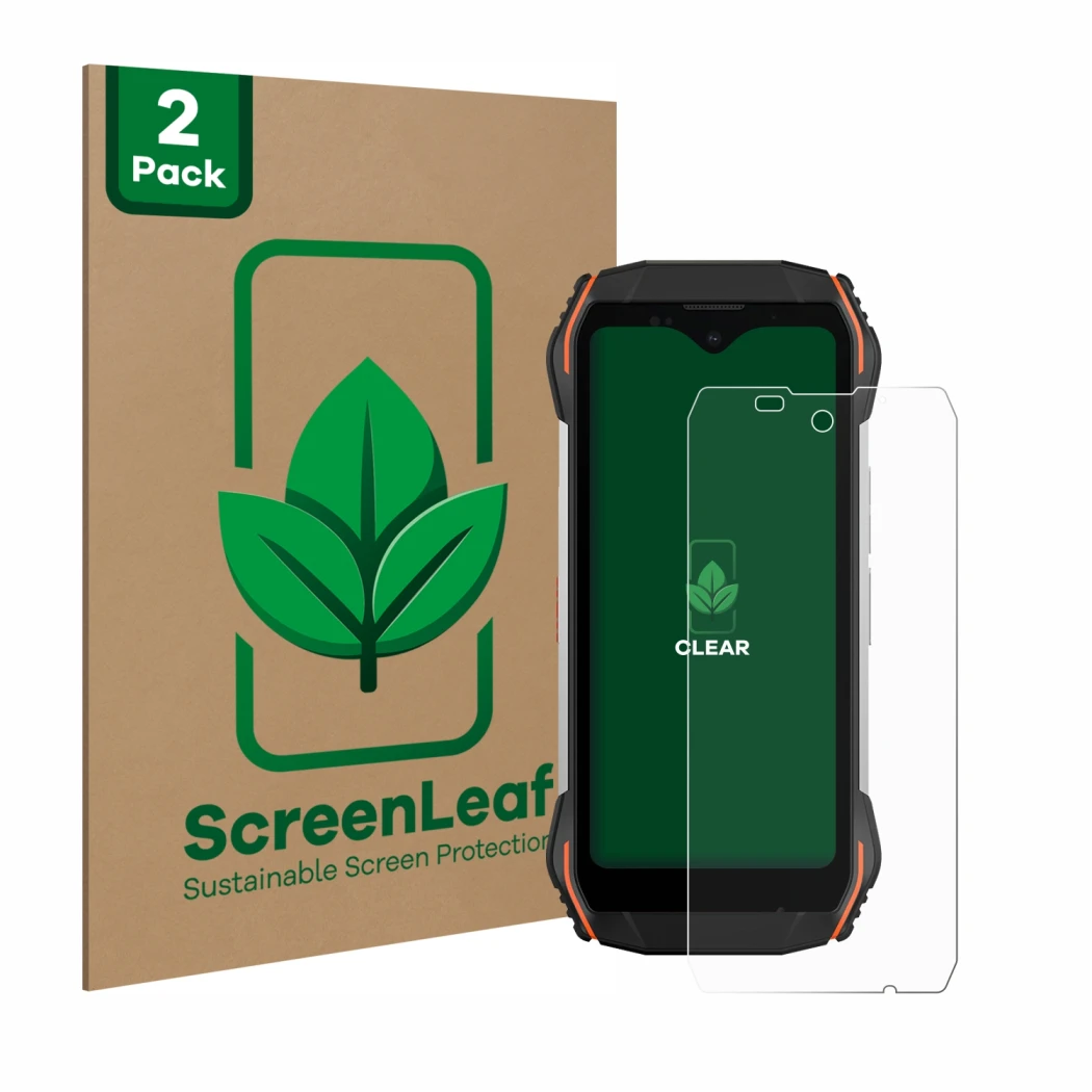 Face avant d’un emballage produit avec le logo de la marque ScreenLeaf. À côté, l’appareil Blackview N6000 est représenté avec