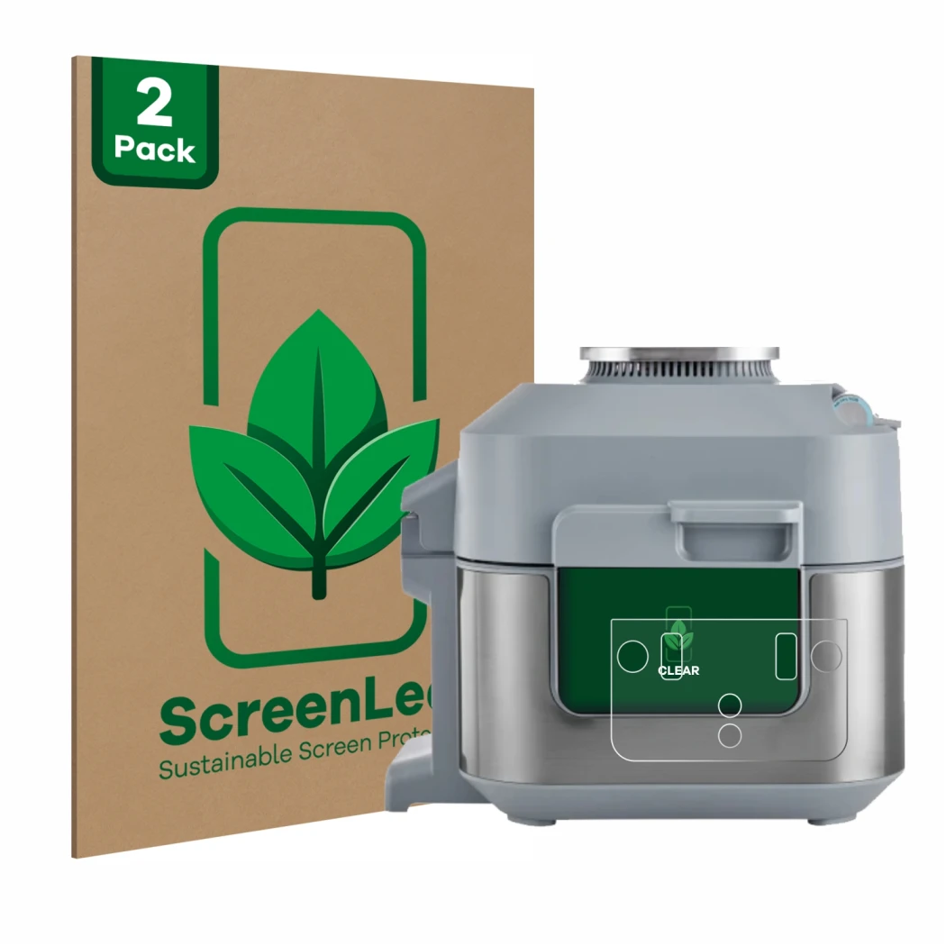 Face avant d’un emballage produit avec le logo de la marque ScreenLeaf. À côté, l’appareil Ninja Speedi Rapid Cooking System e