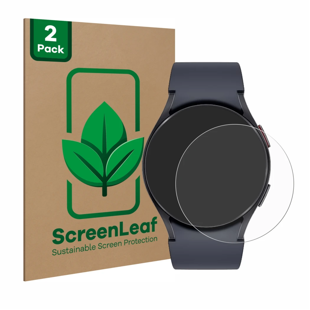 Face avant d’un emballage produit avec le logo de la marque ScreenLeaf. À côté, l’appareil Samsung Galaxy Watch 6 (40 mm) est 
