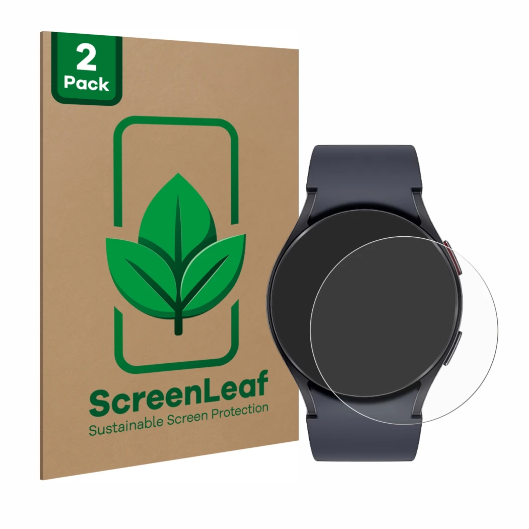 Face avant d’un emballage produit avec le logo de la marque ScreenLeaf. À côté, l’appareil Samsung Galaxy Watch 6 (44 mm) est 
